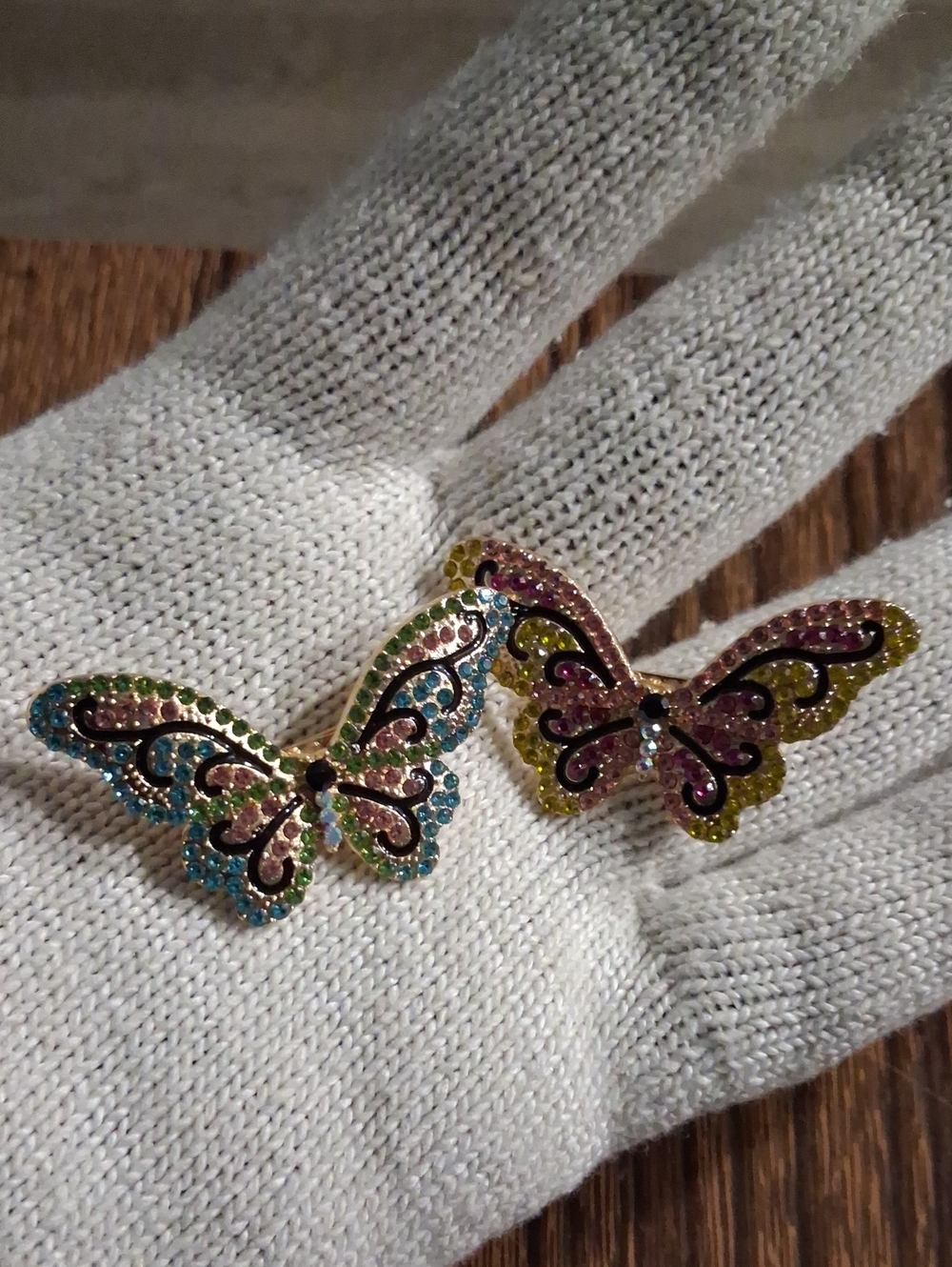 Dazzling Pair Of Multicolor Crystal Butterfly Brooches